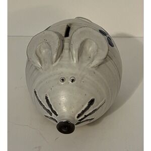 Studio Art Pottery Stoneware Mouse  bank W/ Blue Flower 7" x 5" With Bottom